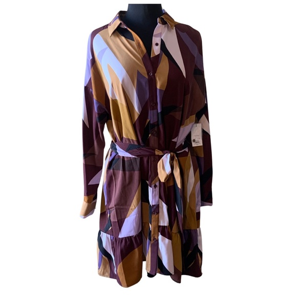 NINE WEST Shirtdress Large Plum Gold Long Sleeve Tie Belt NWT - Picture 1 of 13